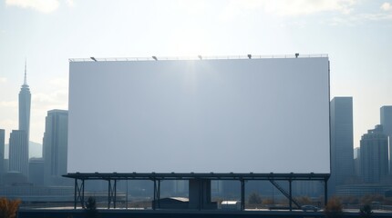 Aufkleber - Blank billboard in a cityscape. The large blank billboard is prominently featured against a backdrop of a modern city skyline with tall buildings.  The sun is partially visible behind the billboard.