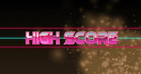 Poster - Neon style animation with high score text glowing over dark background particles
