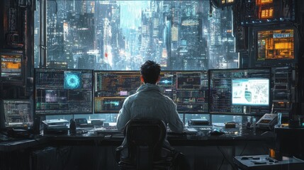 Poster - a person sits in front of multiple screens, immersed in a futuristic cityscape filled with digital d