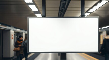 Poster - a blank billboard hanging in a subway station, waiting to be filled with advertisements. There are blurred figures of people walking in the background. 