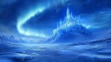 A frozen tundra with a glowing ice castle in the distance, northern lights