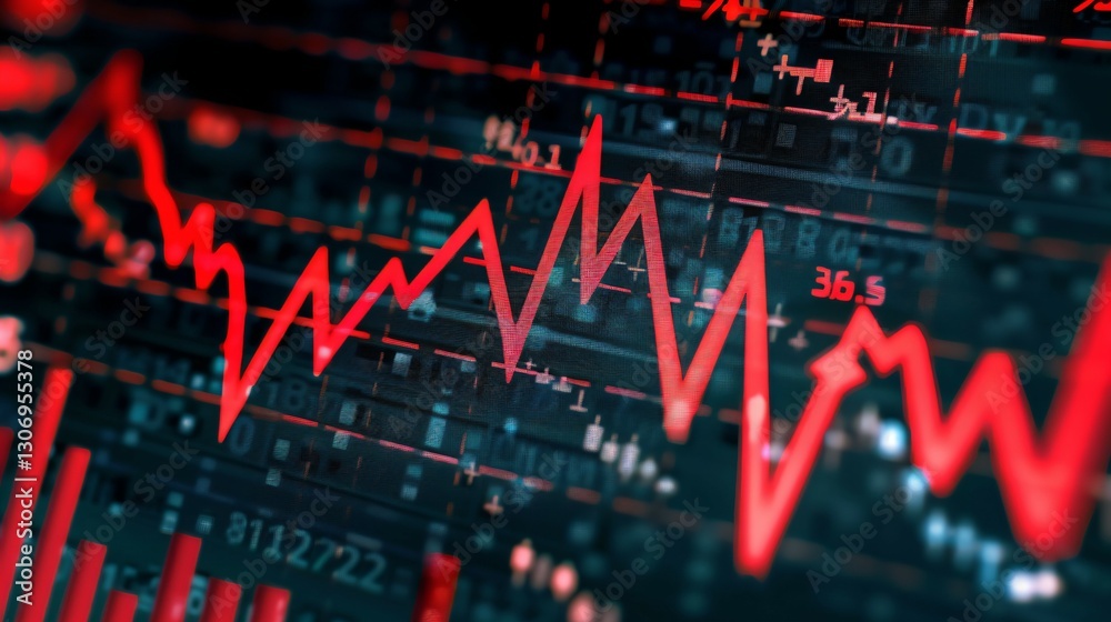 Close-up of downward-trending line graph on digital screen, symbolizing drop in earnings, financial decline visualized with charts and numbers.