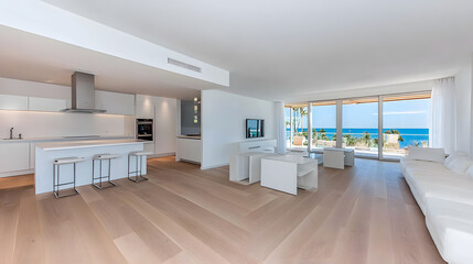 Poster - A modern, bright living space featuring a sleek kitchen, stylish furniture, and large windows offering a scenic ocean view
