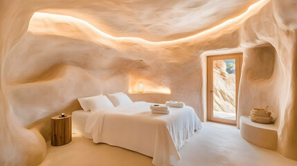 Fototapete - A serene, organic-style bedroom featuring soft curves, warm lighting, and natural materials, creating a cozy and inviting atmosphere