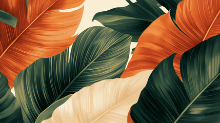 Poster - Close-up of tropical leaves in orange, green, and beige tones, showcasing textured veins and organic shapes.  Represents nature, summer, tranquility, and exotic beauty, ideal for design backgrounds.