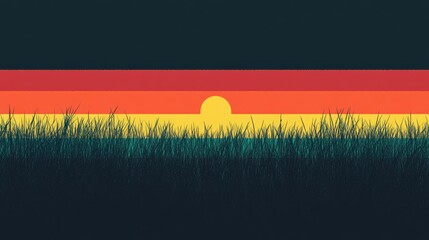 Wall Mural - abstract sunset landscape with stylized horizon and grass silhouette