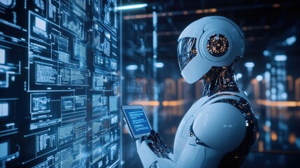 Poster - Futuristic Robot Analyzing Data on Touchscreen Interface in High-Tech Digital Environment