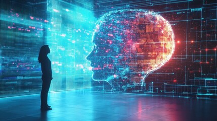Poster - Human Silhouette Against Futuristic Background with Digital Brain Graphics and Data Patterns