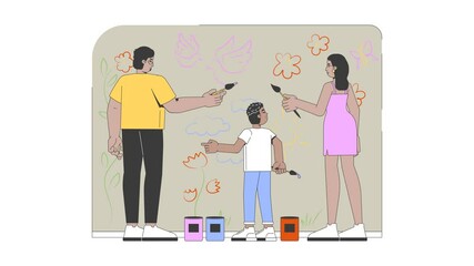 Poster - Community wall mural painting cartoon animation. Child creativity. Black family with son paint brushing on public wall animated flat 2D characters 4K video isolated on white, scene storytelling