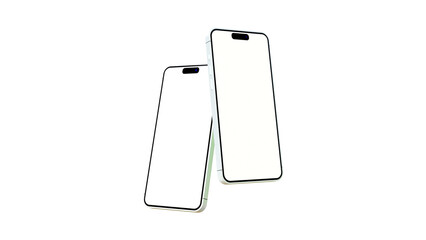 Two mobile phones mockup for application display or presentation. Blank screen smartphone floating on a blue background. Smartphone mock up.
