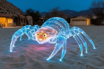 Poster - A scorpion (Arthropoda) glowing under ultraviolet light in the desert at night