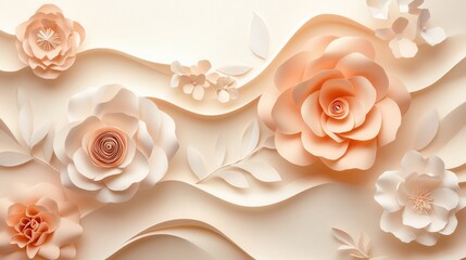 Aufkleber - Elegant pastel paper flowers and leaves create a luxurious background design for various uses and occasions Generative AI