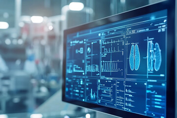 Poster - Modern medical technology blue screen display showing vital signs data analysis health clinic doctor
