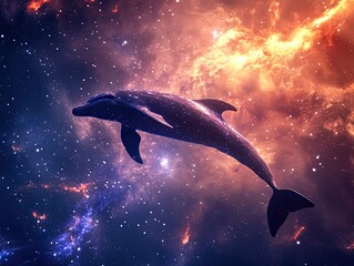 dolphin leaping through cosmic nebula, vibrant starscape