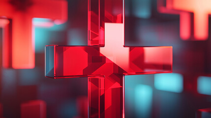Poster - Abstract red glass cross symbol digital art background design 3d tech shiny color shape light style