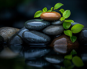 Poster - stack of wet dark and brown stones with green leaves on top, reflecting in dark water, showcasing tr