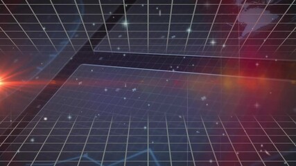 Poster - Glowing lights and stars creating futuristic space theme with grid pattern animation