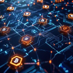 Poster - Abstract Digital Representation of Blockchain Technology with Bitcoin Symbols and Network Connections