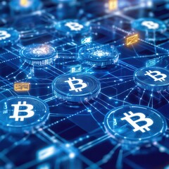 Aufkleber - Digital cryptocurrency network with glowing Bitcoin symbols and interconnected blocks on a blue background
