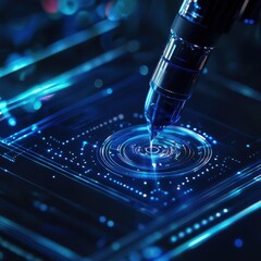 Poster - Futuristic Digital Interface with Pen, Circular Patterns, Blue Glow and Technology Elements, Abstract Design