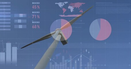 Poster - Overlaying charts and graphs, wind turbine showing global energy data animation