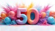 © Vadym - Festive colorful balloons form number fifty, celebrating anniversary. Party background with balloon number 50. Celebration decor, confetti splash paint, party accessories, fun surprise greeting card