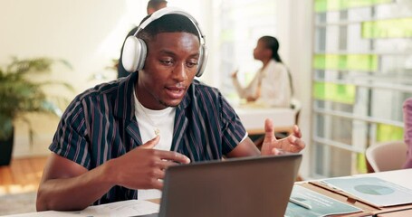 Poster - Creative, business man and video call on laptop for feedback, talk or webinar in office. Computer, online meeting or virtual conference on headphones to pitch ideas for advertising metrics in startup