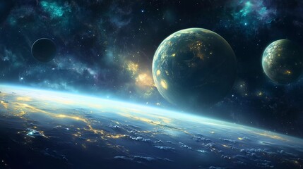 Wall Mural - a planet with three other planets in the background. the planet in the foreground is the largest. th