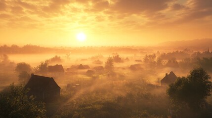 Aufkleber - A beautiful sunrise over a small countryside village, with mist covering the fields.