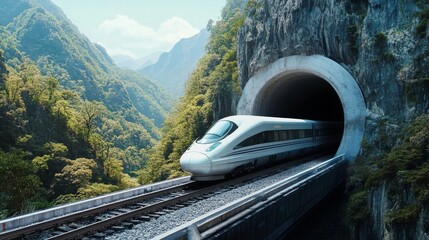 Aufkleber - A bullet train entering a tunnel carved into a mountain, showcasing advanced railway engineering.
