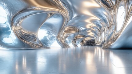 Poster - A futuristic, abstract space featuring shiny, swirling surfaces and a bright, reflective floor, creating an illusion of depth and movement.