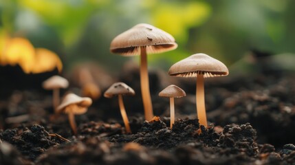 Poster - A close-up of tiny mushrooms emerging from rich, dark soil in a shaded forest.