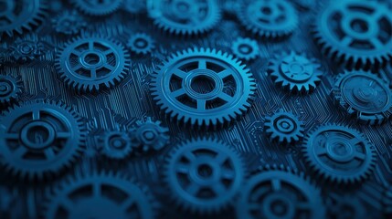 Poster - Close-Up View of Intricate Blue Gears and Circuit Board Patterns in a Modern Industrial Design Aesthetic