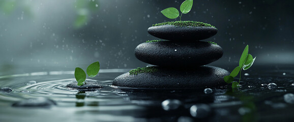 Poster - Stacked black stones with green sprouts, nestled in calm water, depicting serenity and balance in nature, ideal for meditation or spa concepts