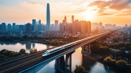Fototapete - A high-speed train crossing a massive river bridge, with the city skyline in the background.