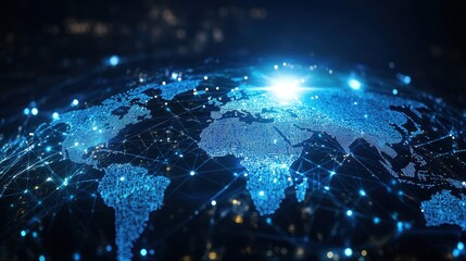Poster - Connected World Map with Bright Lights and Data Network Points in a Futuristic Style