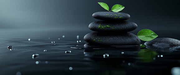 Poster - stack of dark stones with green leaves on dark water, reflecting serenity and balance, ideal for spa