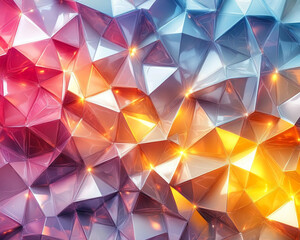 Poster - Abstract background of iridescent, triangular facets in pink, orange, and blue hues, creating a dynamic, faceted texture, suggesting luxury, technology, or modern design