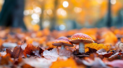 Poster - A peaceful autumn scene with mushrooms sprouting among colorful fallen leaves.