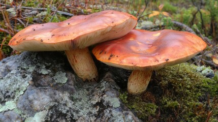 Aufkleber - A pair of mushrooms growing side by side on a damp, moss-covered rock.