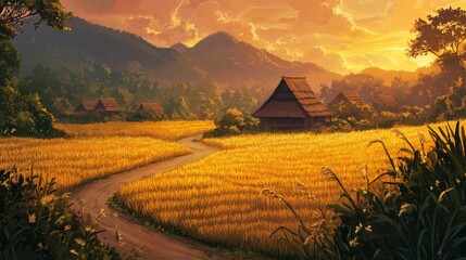 Poster - A rural village road winding through golden rice fields at sunset.
