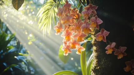 Poster - Exotic orchids draping from a tree, with soft sunlight filtering through the canopy.