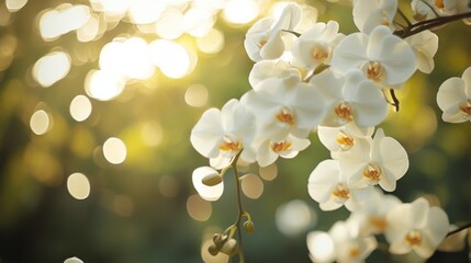 Poster - White orchids gracefully hanging from a tree branch, creating a serene atmosphere.