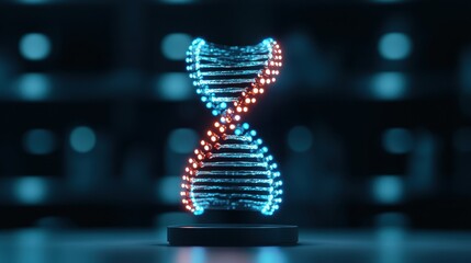 Poster - 3D Render of Glowing DNA Helix Structure on Dark Background with Blurry Lights and Medical Research Concept