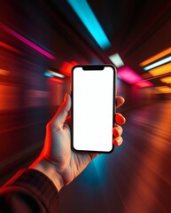 Poster - a hand holding a smartphone with a blank screen in front of colorful, blurred lights. The image creates a sense of movement and energy. The phone is a perfect canvas for your brand or message.