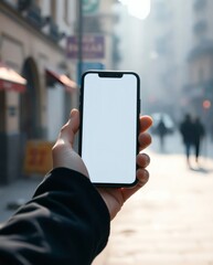 Poster - a hand holding a smartphone with a blank screen on a city street