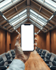 Poster - a person holding a cell phone with a blank screen inside a long conference room with wooden tables and chairs 