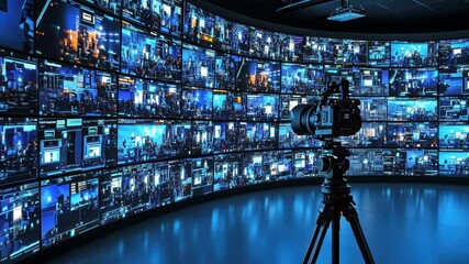 Poster - Immersive Digital Video Production Studio:  A futuristic control room with a camera capturing  multiple screens displaying a variety of digital content.