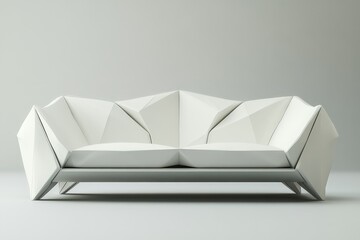Fototapete - A modern white geometric sofa stands alone in a neutral room