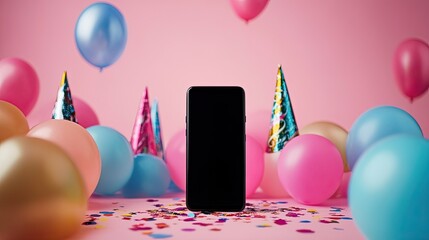Smartphone celebration Pink background, balloons, confetti